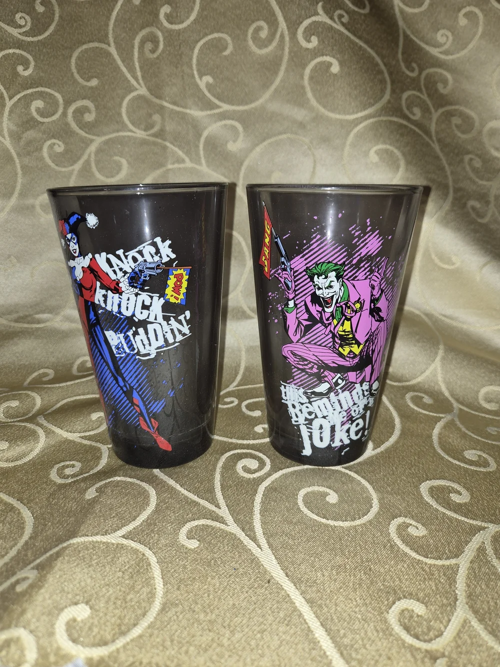 DC Comics Harley Quinn & Joker Two-Pack Pint Glasses - Black, Pink, Blue